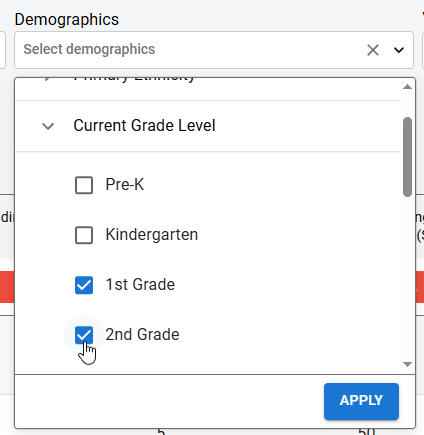 an example of the demographics drop-down list options