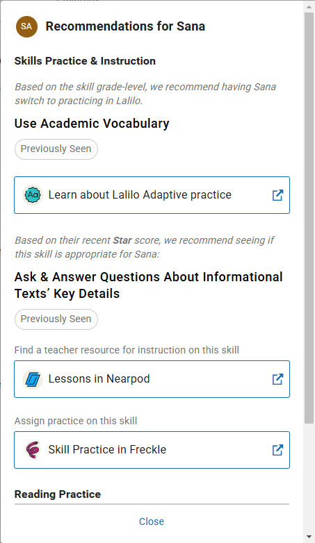 an example of recommendations that include Lalilo lessons and Freckle Skills practice