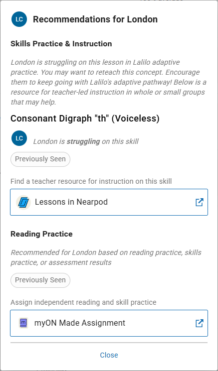 an example of recommendations that include Nearpod lessons and a myON Made assignment