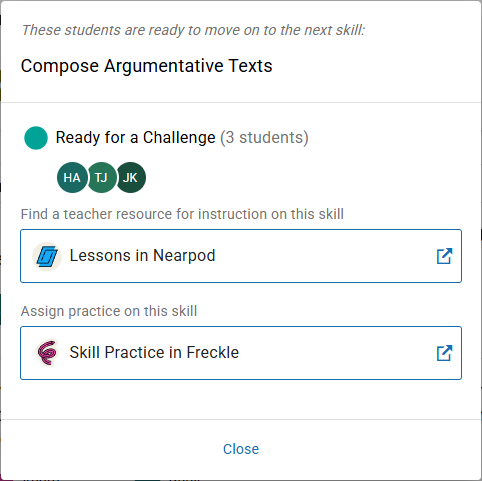 the recommendations window with links for Nearpod lessons and Freckle skill practice