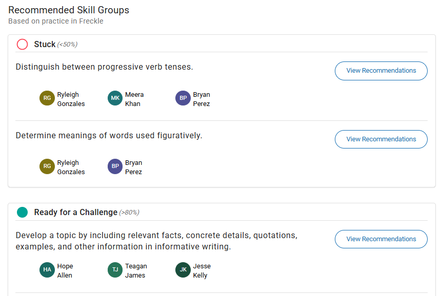 an example of students in the Stuck and Ready for a Challenge recommended skill groups
