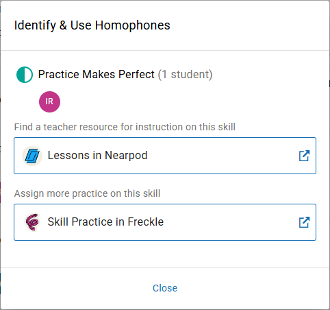 an example of Nearpod and Freckle links for a skill in the Take Action window
