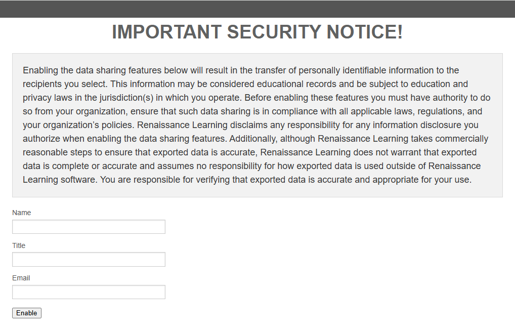 the security notice, the fields for your name, title, and email address, and the Enable button