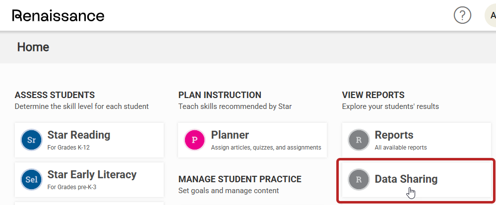 the Data Sharing option on the Home page