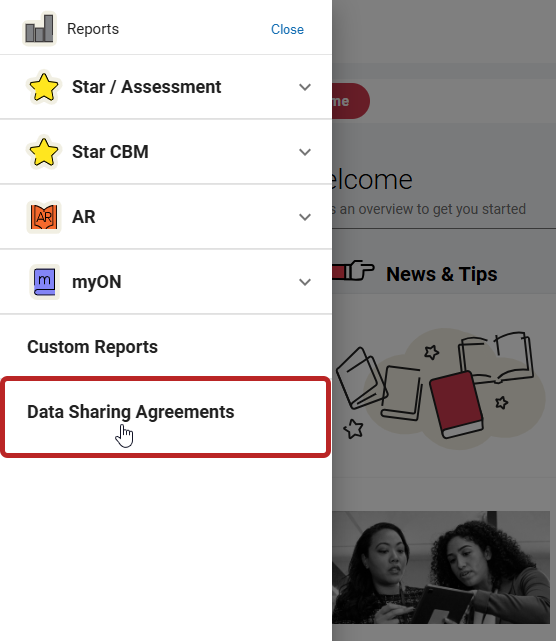 the Data Sharing option under Reports in Renaissance Next for Leaders